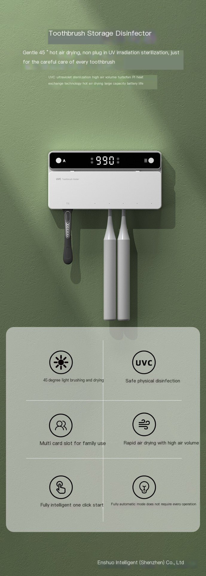 Purely Hygenic™ V3 — Smart UV Toothbrush Sterilizer with Turbo Air Dry & Heat Disinfection
